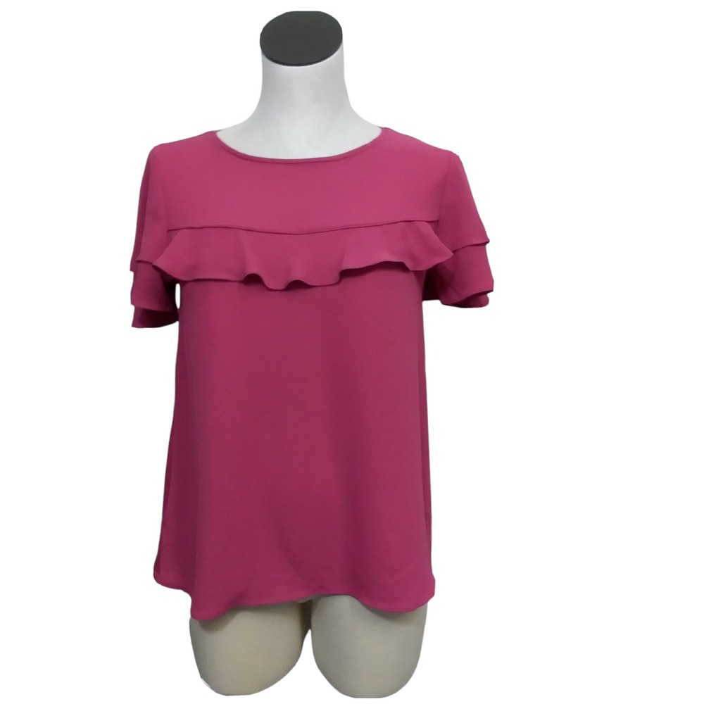 LOFT Womens XS Raspberry Pink Ruffle Overlay Tiered Sleeve Blouse Top Round Neck